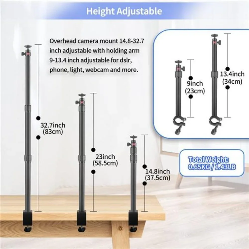 Camera Desk Mount with 2-Stage Telescopic Arm, Adjustable Overhead Light Stand